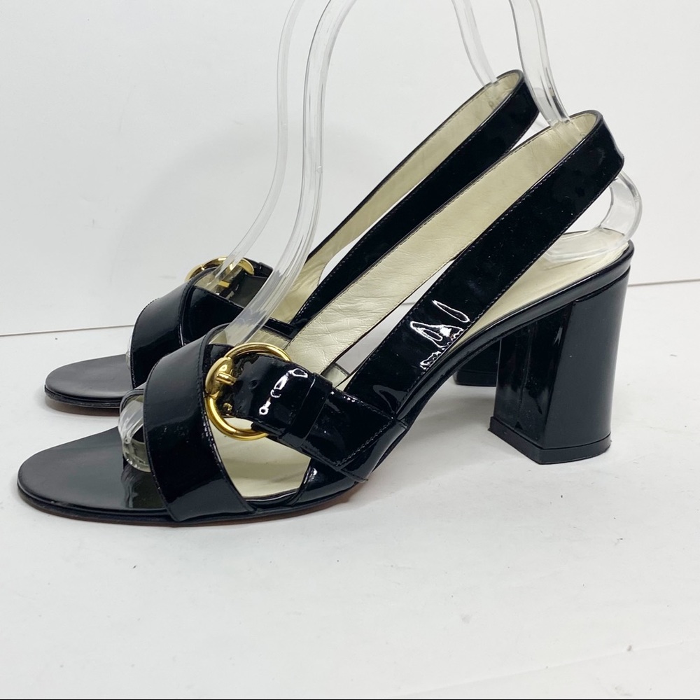 Bettye Muller sz 37.5 open toe sling back heel black patent leather block heel